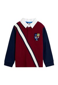 Hosszú ujjú rugby póló fehér gallérral, bordó elülső résszel, átlós fehér és sötétkék csíkkal, sötétkék ujjakkal és hímzett logóval a mellkason.