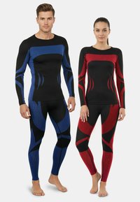 Unisex long-sleeve athletic tops in black with blue and red accents, paired with matching leggings, featuring a textured, form-fitting design.
