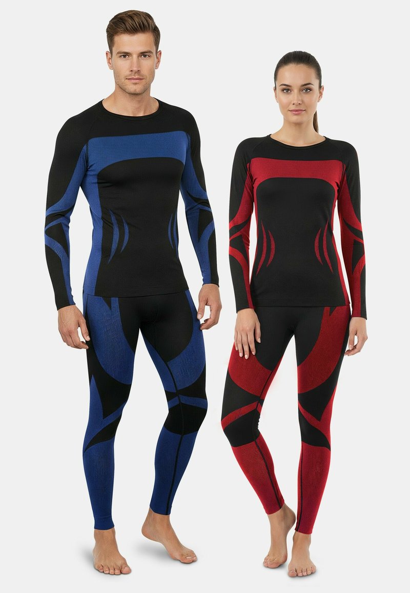 Unisex long-sleeve athletic tops in black with blue and red accents, paired with matching leggings, featuring a textured, form-fitting design.