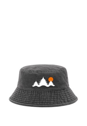 Dark gray bucket hat with white pine tree silhouettes and an orange sun graphic on the front center.
