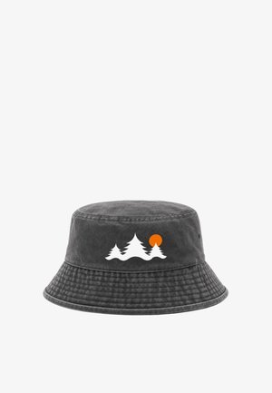 Dark gray bucket hat with white pine tree silhouettes and an orange sun graphic on the front center.