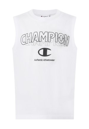 Top atletico bianco senza maniche con testo "CHAMPION", logo nero e scritta "Authentic Athleticwear" stampata sul davanti.