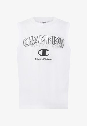 Top atletico bianco senza maniche con testo "CHAMPION", logo nero e scritta "Authentic Athleticwear" stampata sul davanti.