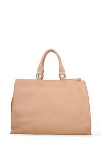 Beige leren tote bag met twee handvatten, licht gestructureerd ontwerp, gladde textuur en subtiele stiksels langs de randen.