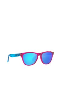 Sunglasses with a clear pink frame and blue-tempered arms. Mirrored blue lenses with a sleek, angular design. Features logo on the arm.