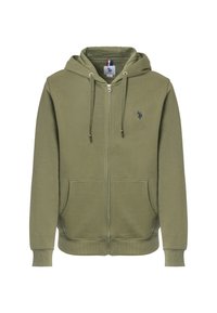 Felpa verde oliva con zip, realizzata in tessuto morbido, dotata di zip frontale, due tasche laterali e un piccolo logo sul petto.