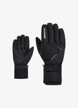 Zwarte waterdichte handschoenen met een gestructureerde grip, elastische manchetten en verstevigde padding. Verstelbare strap voor een veilige pasvorm. Voorzien van logo-details.