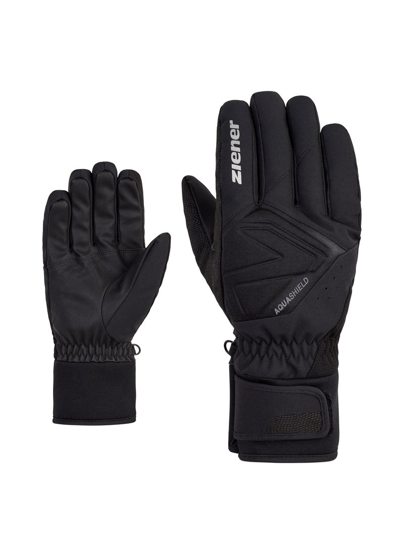 Gants waterproof noirs avec une prise texturée, des poignets élastiques et un rembourrage renforcé. Sangle réglable pour un ajustement sécurisé. Détails de logo intégrés.