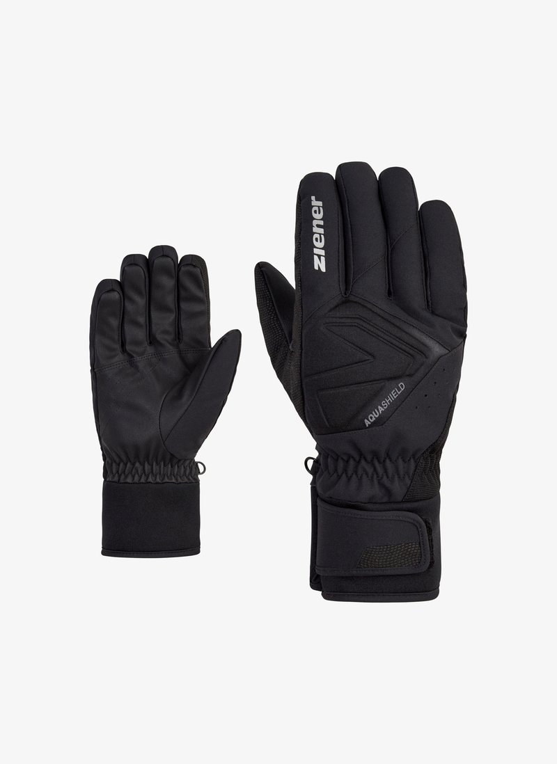 Guanti impermeabili neri con impugnatura texture, polsini elastici e padding rinforzato. Cinghia regolabile per una vestibilità sicura. Presenta dettagli del logo.