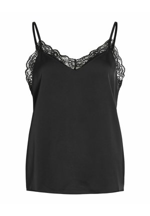 Zwarte cami met fijne kanten afwerking langs de halslijn en bandjes. Gladde, strakke stof; V-vormig ontwerp aan de voorkant. Verstelbare spaghettibandjes.