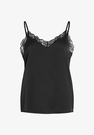 Zwarte cami met fijne kanten afwerking langs de halslijn en bandjes. Gladde, strakke stof; V-vormig ontwerp aan de voorkant. Verstelbare spaghettibandjes.