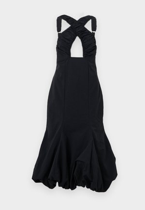 Abito nero senza maniche con spalline incrociate arricciate e orlo svasato e arricchito.