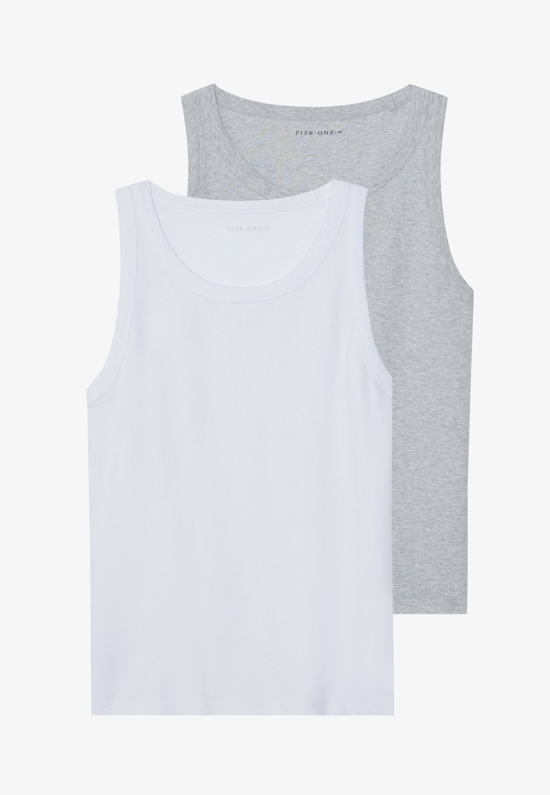Two sleeveless tank tops, one white and one light gray, made of soft cotton. Both feature a round neckline and a simple design.