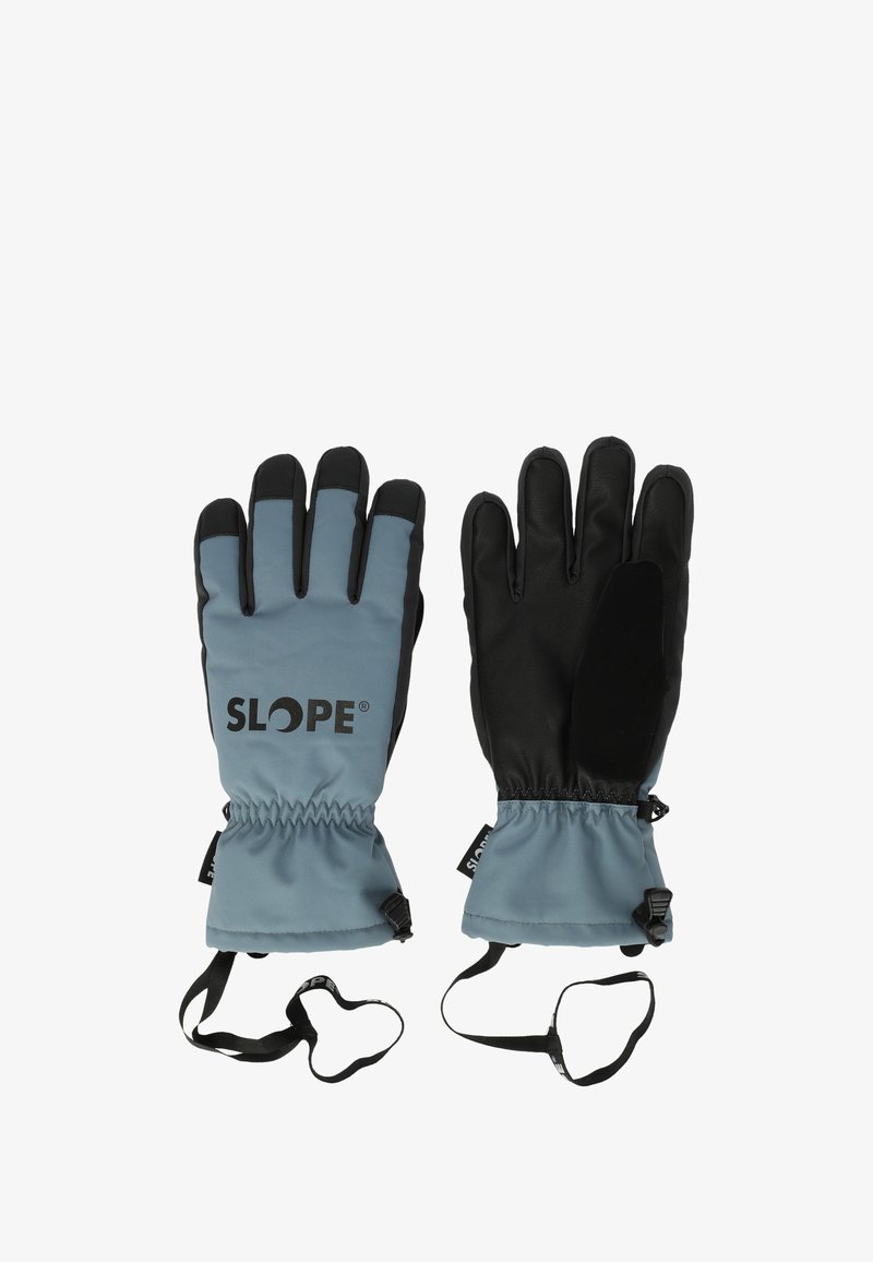 Blauw en zwarte handschoenen met een waterdichte buitenlaag, elastische manchetten, versterkte handpalmen en een logo aan de achterkant. Inclusief verstelbare polsbanden.