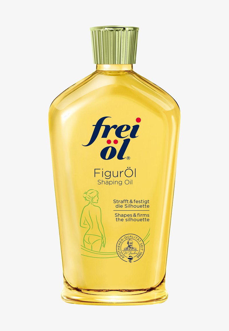 Gelbe Kunststoffflasche mit einem geriffelten grünen Deckel. Mit "frei öl" Branding versehen und einem Linienstich einer menschlichen Silhouette auf der Vorderseite.