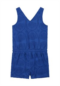 Modra bombažna kombinacija z V-izrezom, brez rokavov, elastičnim pasom in teksturiranim vzorcem po celotni površini.