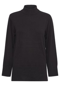 Maglione nero a maglia con collo alto, maniche lunghe e vestibilità rilassata. Presenta tasche frontali e dettagli a coste sul colletto e sui polsini.