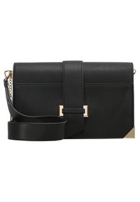 Sac à main en cuir noir avec rabat repliable, accents en métal doré, bandoulière réglable et détail géométrique aux coins. Design compact et structuré.