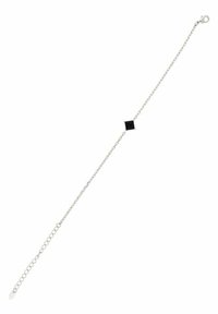 Bracciale in argento con accentuazione di un quadrato di pietra nera al centro, dotato di una chiusura semplice e maglie texturizzate.