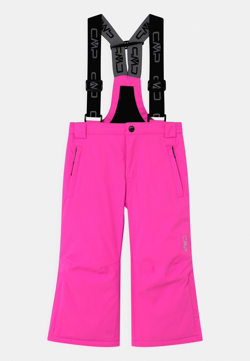 Calças de esqui cor-de-rosa vibrante com suspensórios pretos ajustáveis, bolsos laterais com zíper e um design à prova d'água, apresentando um corte reto.