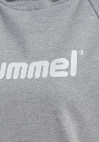 Felpa grigia con una texture morbida, caratterizzata da un grande logo bianco in un carattere arrotondato sul petto.