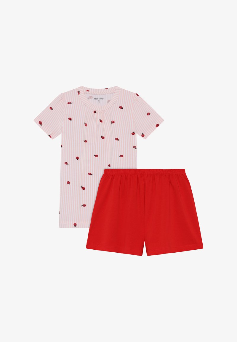 Ensemble de pyjama pour enfants composé d'un haut à manches courtes rayé rose clair avec des imprimés de coccinelles rouges et d'un short uni rouge à taille élastique.