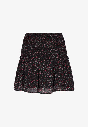 Musta minihame, jossa punavalkoinen kukkakuosi, smokkivyötärö ja röyhelöreuna.