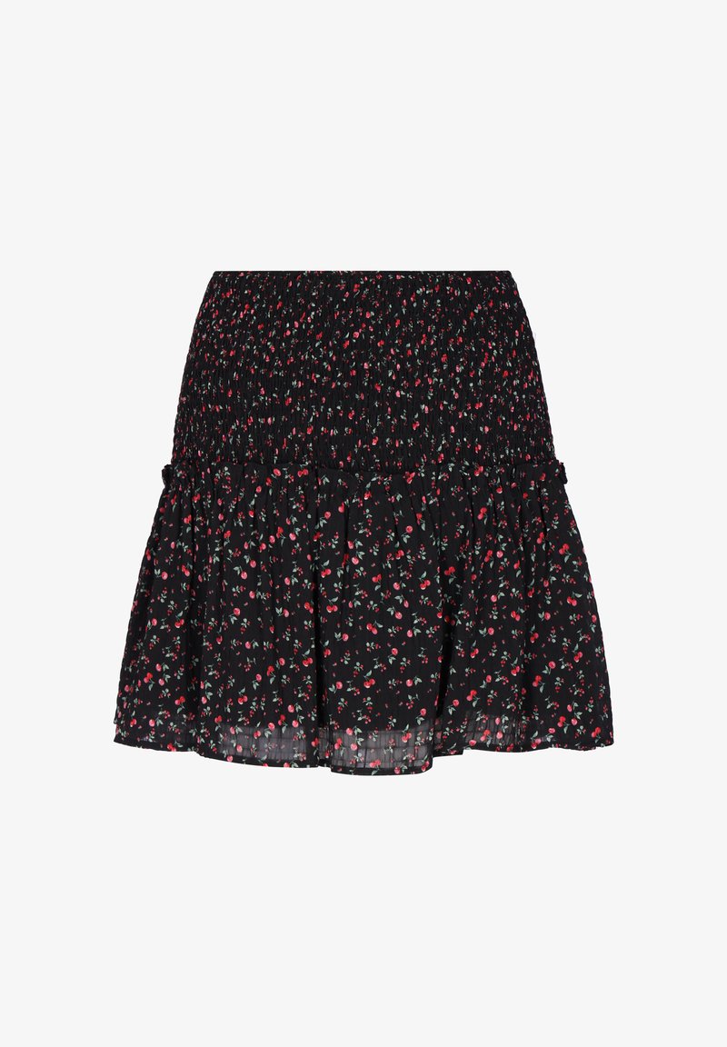 Schwarzer Minirock mit rotem und weißem Blumenmuster, gerafftem Taillenbund und Rüschensaum.