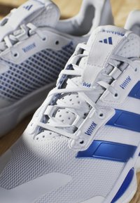 Białe buty sportowe z niebieskimi akcentami, z teksturowaną siateczkową cholewką, płaskimi sznurówkami i trzema poziomymi paskami. Gumowa podeszwa zapewniająca przyczepność.