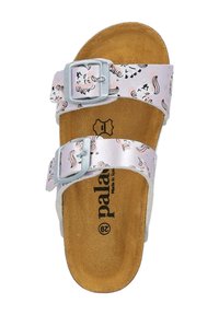 Twee-tone schuifsandalen met een roze en witte gespsluiting hebben een speels eenhoornpatroon op synthetisch materiaal en een kurken voetbed.