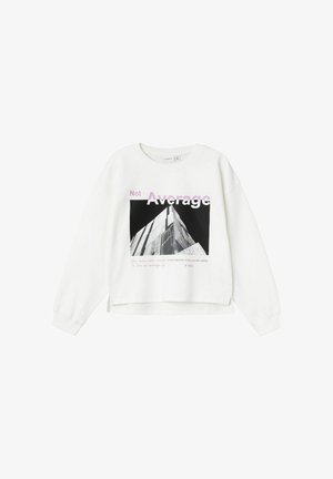 Vit sweatshirt med en kortad design, som har en svartvit grafik av arkitektur och texten "Not Average" i lila.