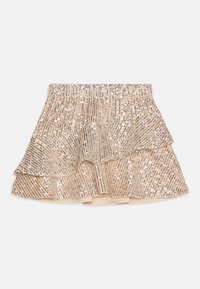 Jupe légère beige à sequins avec un ourlet volanté, présentant des rayures horizontales de sequins brillants et une taille élastique pour plus d'aisance.
