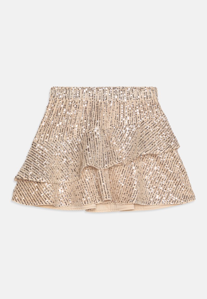 Jupe légère beige à sequins avec un ourlet volanté, présentant des rayures horizontales de sequins brillants et une taille élastique pour plus d'aisance.