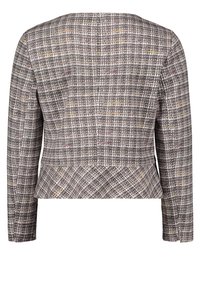 Grå og creme-rutig jakke med lange ærmer, tætsiddende pasform, struktureret vævet stof og en let svang bagpå.