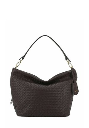 Dark brown woven leather handbag with single shoulder strap and a small attached tag on the side.