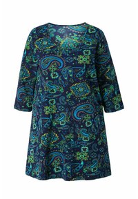 Marineblå kjole med scoop-udskæring og trekvartærmer, der har et livligt paisley- og blomsterdesign i grøn og turkis.