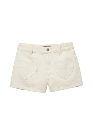 Short en denim écru avec deux poches avant en forme de cœur cousues, passants de ceinture et fermeture par bouton en laiton.