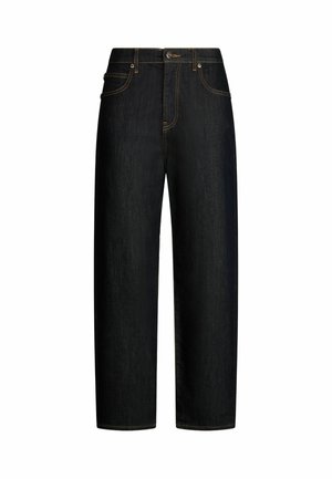 Jeans en denim bleu foncé avec une coupe droite, dotés de coutures orange, de cinq poches et d'une fermeture à bouton à la taille.