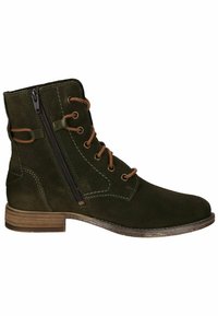 Stivale alla caviglia in suede verde scuro con zip laterale, lacci marroni e tacco in legno basso. Presenta cuciture a contrasto e una suola testurizzata.