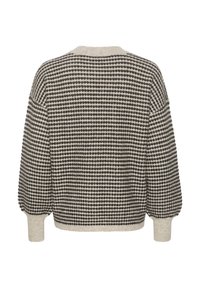 Pull en tricot gris avec une texture à motifs de lignes horizontales et de points ; doté d'un col rond et de manches ballons.