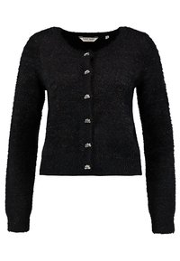 Musta neulottu neuletakki pitkällä hihalla, teksturoidulla kankaalla, pyöreällä pääntiellä ja koristeellisilla hopeanvärisillä helmipainikkeilla edessä.