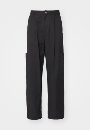 Black cargo pants with a relaxed fit, featuring front pleats, side pockets, and a button closure. Made from lightweight fabric with a smooth texture.
