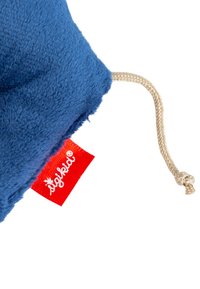 Blue plush product with a soft texture, featuring a tan drawstring and a red label displaying "sigikid." The shape is rounded and compact.