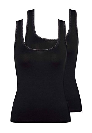 Two black tank tops with wide straps, made of smooth, stretchy material. Features scalloped edges along the neckline and armholes.