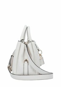 Sac en cuir synthétique blanc avec un motif floral texturé, deux poignées courtes, une bandoulière amovible et des accents de quincaillerie dorée.