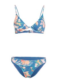 Floral-patterned bikini featuring a blue base color, triangle top with thin straps, and matching bottom with a medium-rise cut.