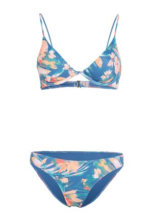 Bikini med blommönster som har en blå basfärg, triangelöverdel med tunna remmar och matchande botten med medelhög skärning.
