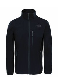 Schwarze Jacke aus Softshell-Material mit hohem Kragen. Verfügt über Reißverschlusstaschen auf der Vorderseite und ein Logo auf der linken oberen Brust.