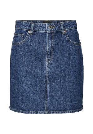 Denimrok in donkerblauw met een rechte snit, vijf-pocket ontwerp, riemlussen en een sluiting met frontknop. Kenmerkt zich door lichte stiksels.