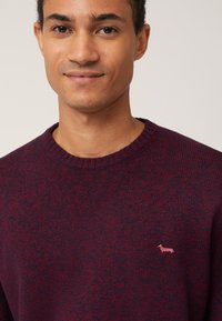 Maglione a collo a coste di colore bordeaux, con un piccolo logo di animale rosa sul petto. Tessuto morbido, peso medio.